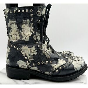 ASH Women's Black Leather Floral Studded Round Toe Biker Combat Boots Size 36